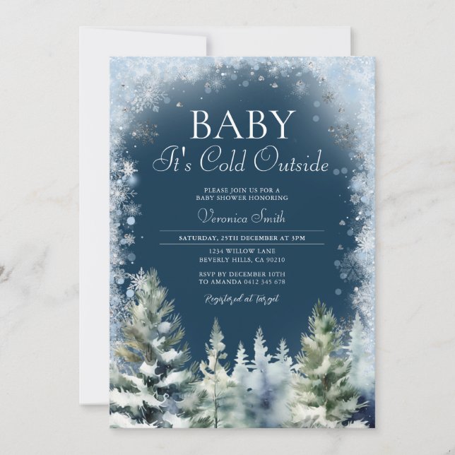 Invitación Arbol de pino azul marino Baby Shower Snowflakes (Anverso)
