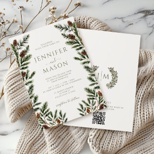 Invitación Árbol de pino de invierno ruso cones Boho Boda QR