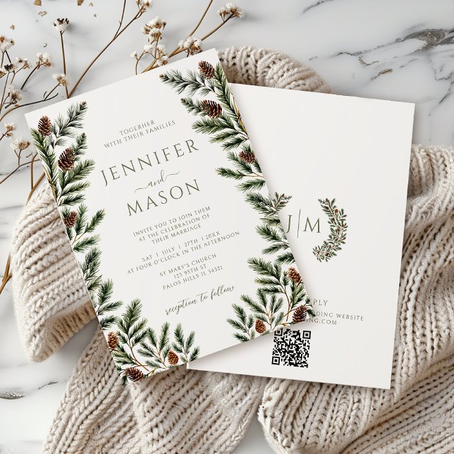 Invitación Árbol de pino de invierno ruso cones Boho Boda QR (Subido por el creador)