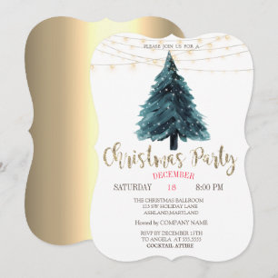 Invitación Árbol de Pino, Luces Doradas Fiesta de Navidad de