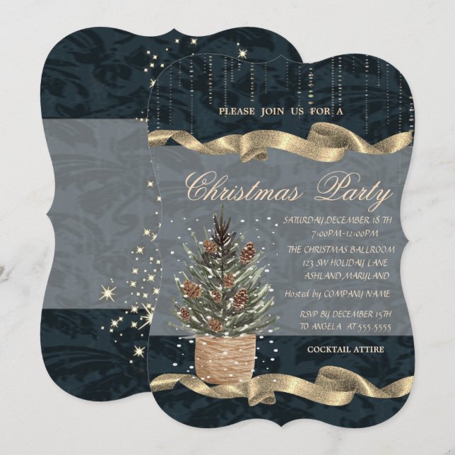 Invitación Árbol de pino,Piñas,Nieve Fiesta de Navidad (Anverso / Reverso)