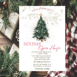 Invitación Árbol de pino, regalos, estrellas Casa abierta 