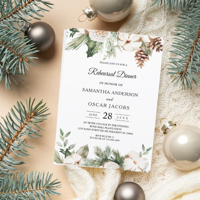 Invitación Árbol de pino verde acuático y flores blancas (Subido por el creador)