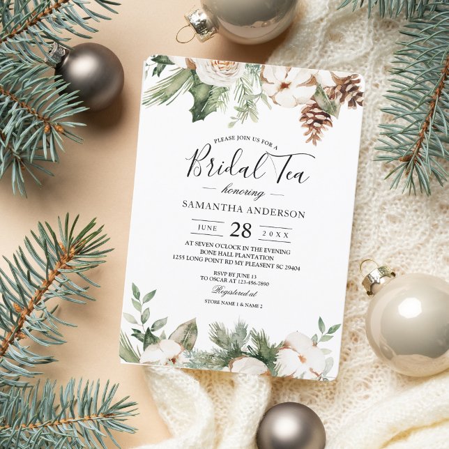 Invitación Árbol de pino verde acuático y flores blancas (Subido por el creador)