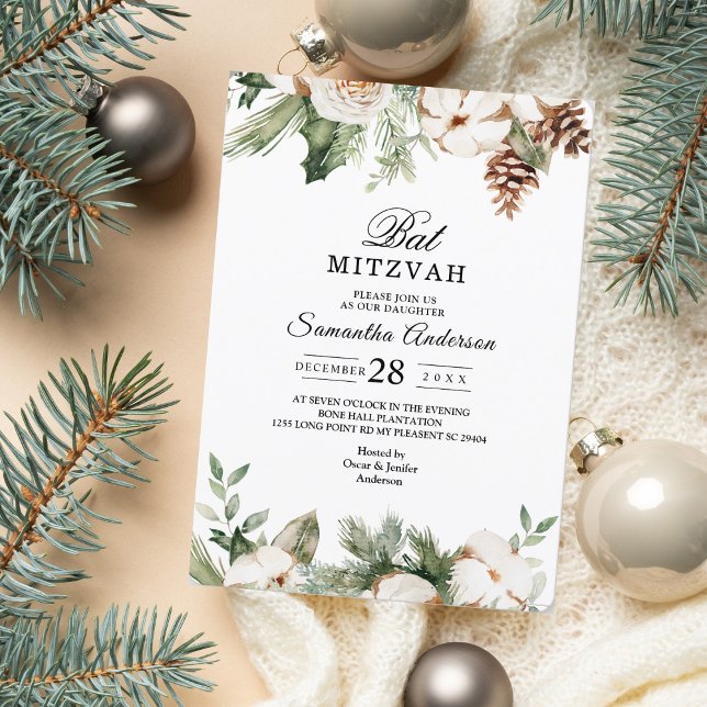 Invitación Árbol de pino verde acuático y flores blancas (Subido por el creador)