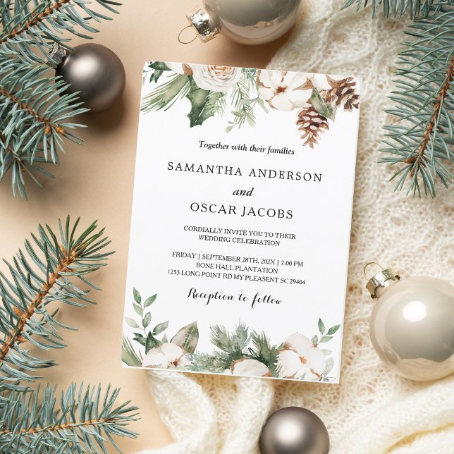 Invitación Árbol de pino verde de invierno en acuarela y flor (Subido por el creador)