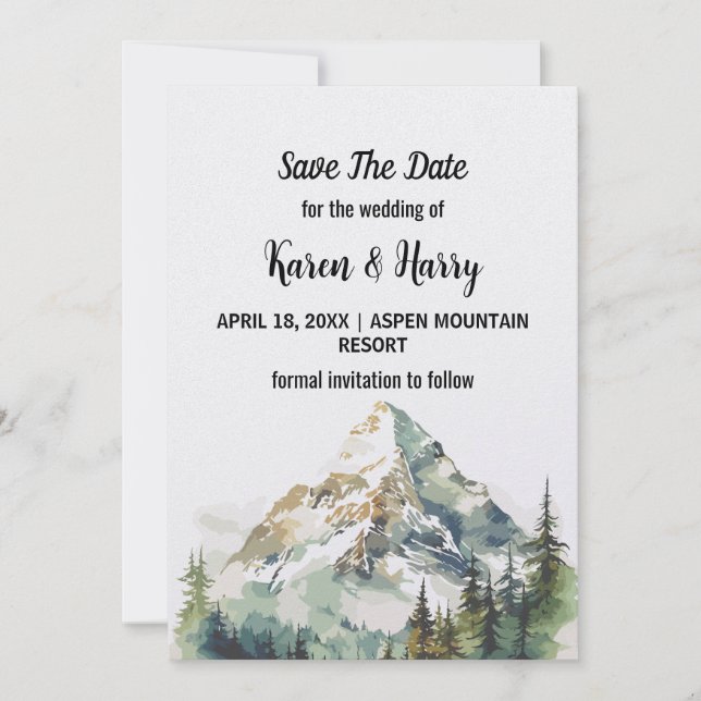 Invitación Árbol De Pino Verde De Montaña Salvar El Arte Boda (Anverso)
