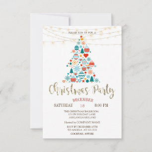 Invitación Árbol de pinos, bolas de colores, Fiesta de Navida