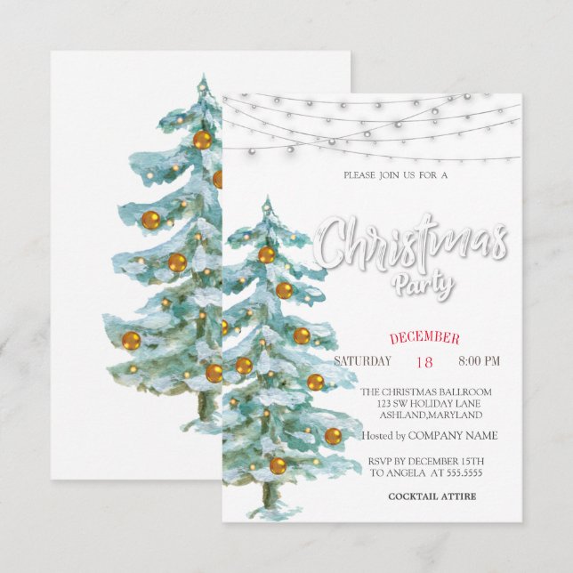 Invitación Árbol de pinos, bolas de oro, Fiesta de Navidades  (Anverso / Reverso)