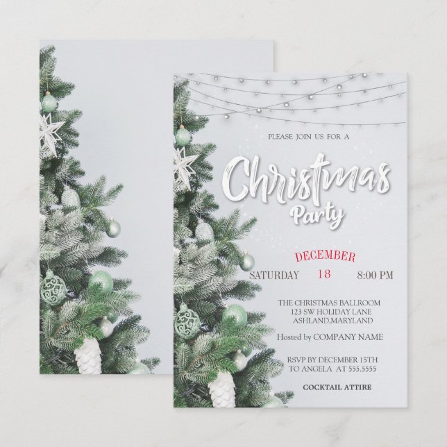 Invitación Árbol de pinos, bolas, Fiesta de Navidades de luce (Anverso / Reverso)