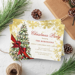 Invitación Árbol de pinos de navidad verde festivo, cinta dor