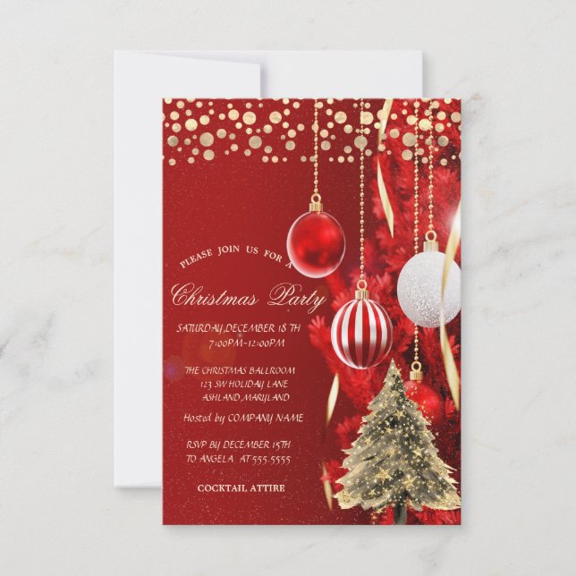 Invitación Árbol de pinos de oro, puntos, Fiesta de la Compañ (Anverso)