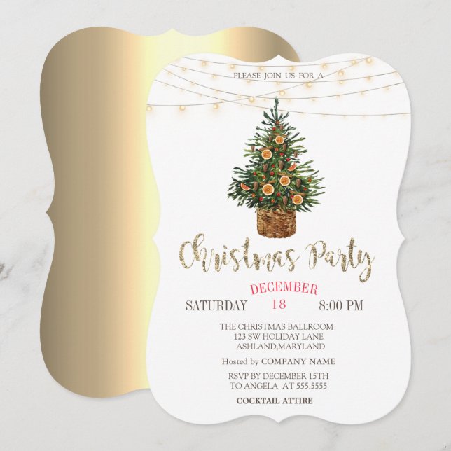 Invitación Árbol de pinos, Naranja, Fiesta de Navidades de or (Anverso / Reverso)