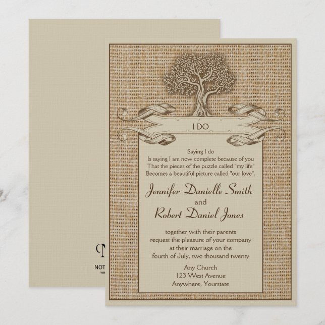 Invitación Árbol de roble en el Boda Burlap (Anverso / Reverso)