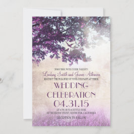 Invitación Árbol de roble morado antiguo y aves amorosas invi