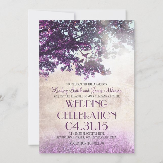Invitación Árbol de roble morado antiguo y aves amorosas invi (Anverso)