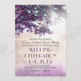 Invitación Árbol de roble morado antiguo y aves amorosas invi