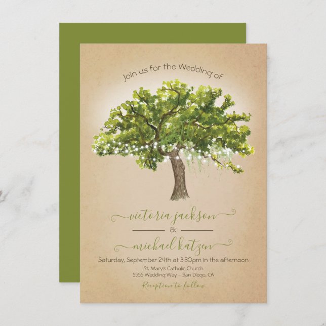 Invitación Arbol de roble Moss Español Cadena de luces Boda (Anverso / Reverso)
