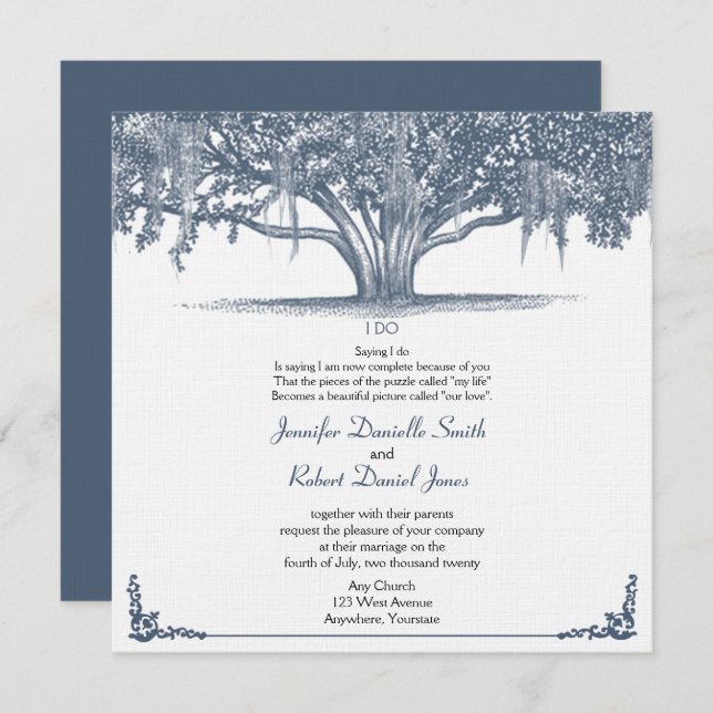 Invitación Árbol de roble mossy en Boda azul (Anverso / Reverso)