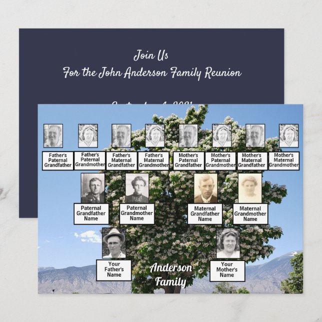Invitación Árbol de tres generaciones de Reunión familiar con (Anverso / Reverso)