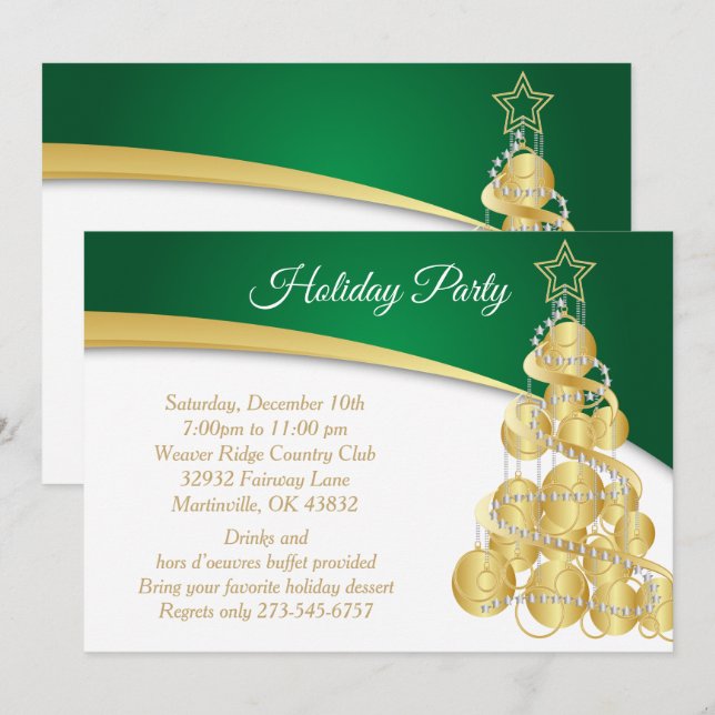 Invitación Árbol de vacaciones de Navidades de oro verde (Anverso / Reverso)