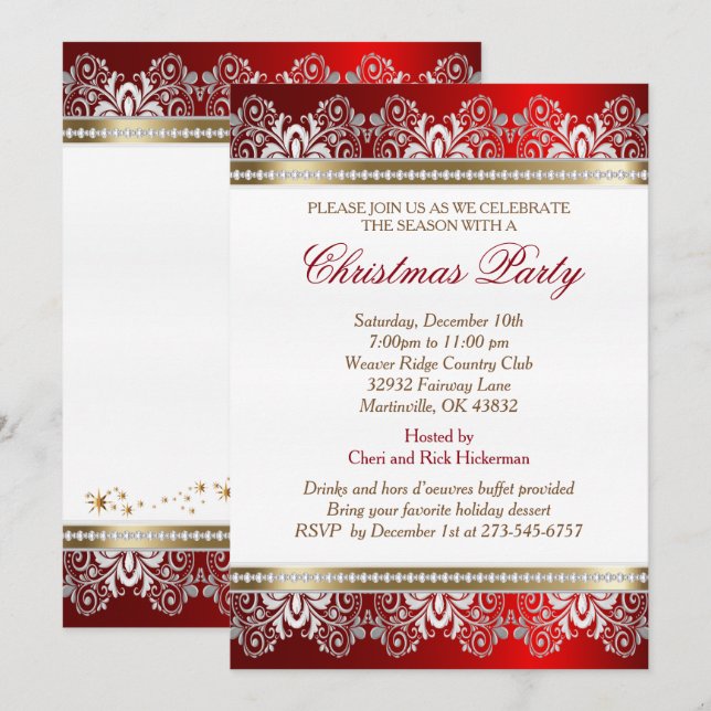Invitación Árbol de vacaciones de Navidades rojos, plateados  (Anverso / Reverso)