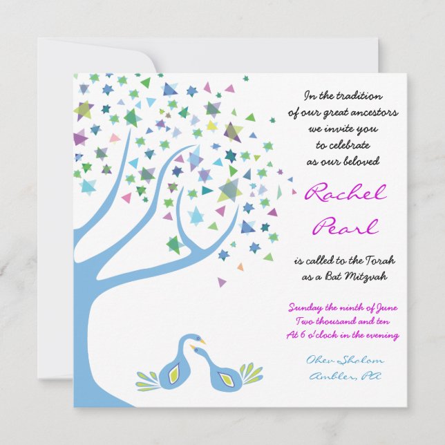 Invitación Árbol de vida Aves Estrellas Bat Mitzvah Invitació (Anverso)