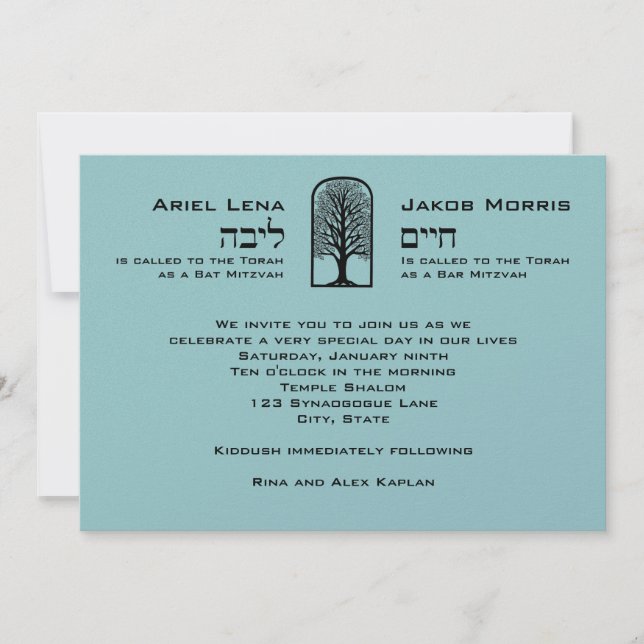 Invitación Árbol de vida gemelos bat Mitzvah hebreo (Anverso)