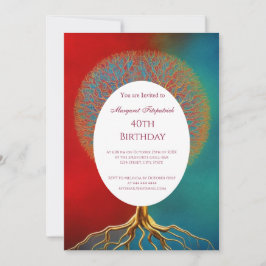 Invitación Árbol de vida oro rojo verde azulado cualquier eda