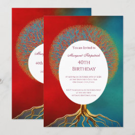 Invitación Árbol de vida oro rojo verde azulado cualquier eda