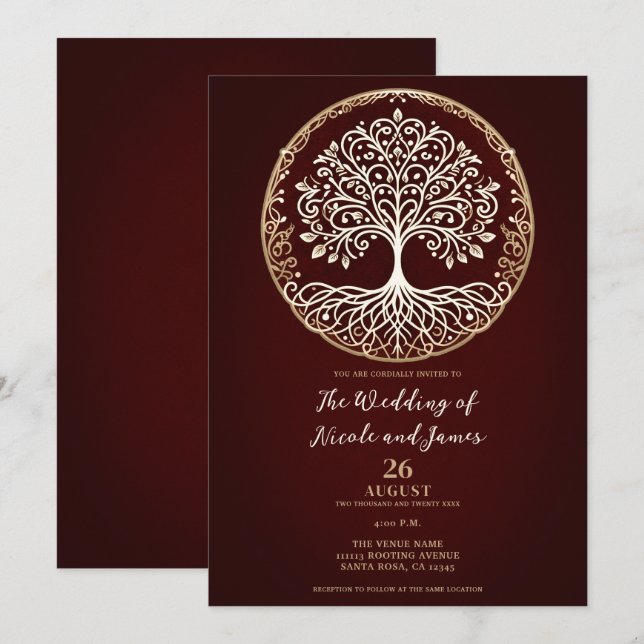 Invitación Árbol de vida Rústico Boda Celta Rojo Oscuro (Anverso / Reverso)