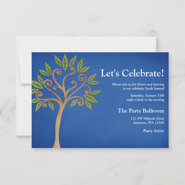 Invitación Árbol de vida Swirls Bar Azul Recepción Mitzvah (Anverso)