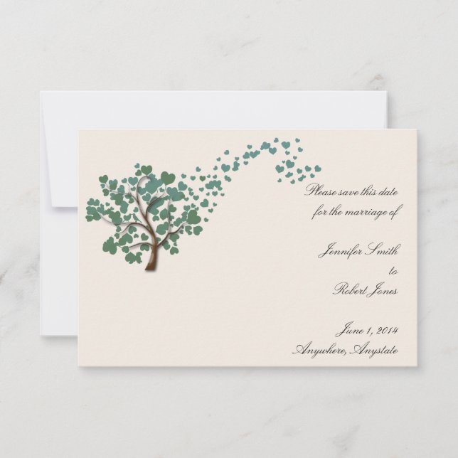 Invitación Árbol del corazón verde en marfil salva la fecha (Anverso)