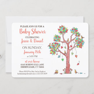 Invitación Árbol del corazón y aves reuniendo Baby Shower div