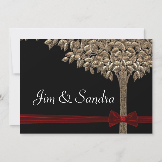 Invitación Árbol dorado con cinta roja y tamaño de arco A7 (Anverso)