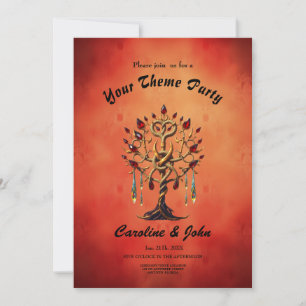 Invitación Árbol dorado de la vida con piedras preciosas roja