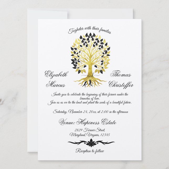 Invitación Árbol dorado de vida Boda sofisticado y atemporal (Anverso)