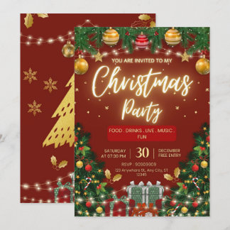 Invitación Árbol Dorado Elegante | Fiesta de Navidad
