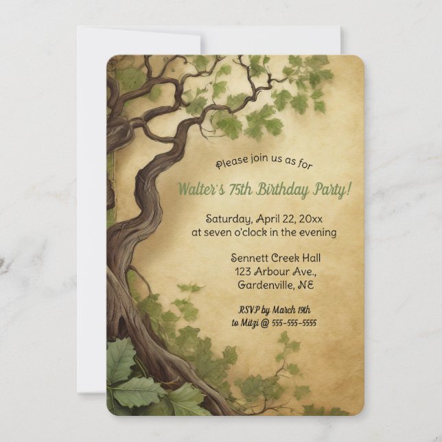 Invitación Árbol editable y hojas verdes (Anverso)