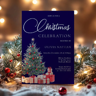 Invitación Árbol Festivo Familia Navy Fiesta de Navidad Corpo