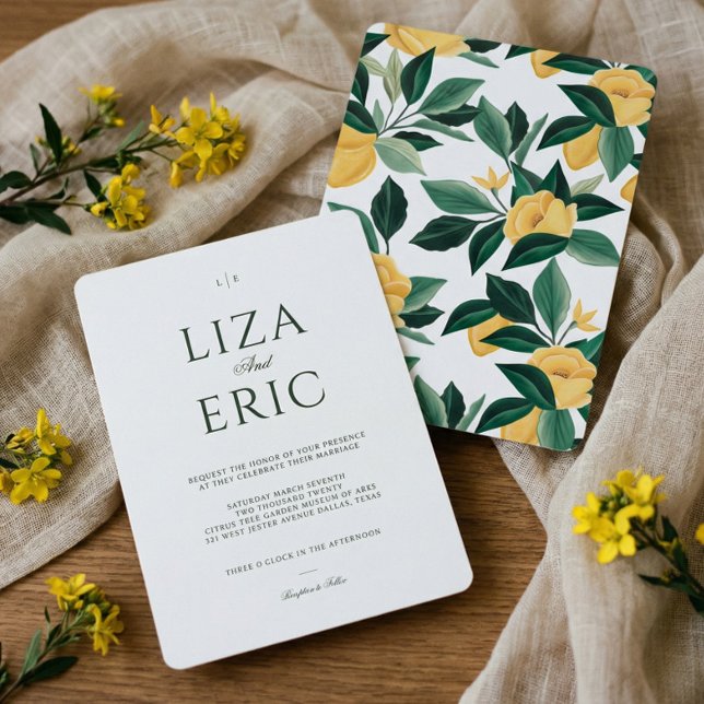 Invitación Árbol floral de flores de limón Boda blanco elegan (Mediterranean Greece Italian Lemon Citrus Floral Invitation)