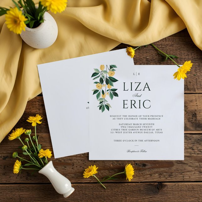 Invitación Árbol floral de flores de limón Boda blanco elegan (Lemon Blossom Floral Tree Elegant White Wedding Invitation)
