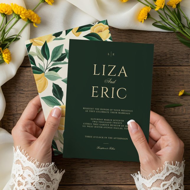 Invitación Árbol floral de flores de limón Boda verde elegant (Lemon Blossom Floral Tree Elegant Green Wedding Invitation)