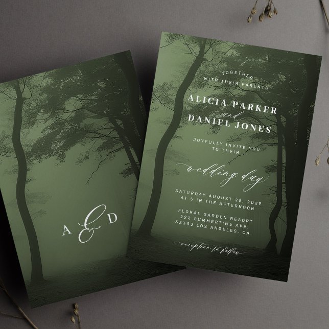 Invitación Árbol forestal encantado boda verde oscuro (Subido por el creador)