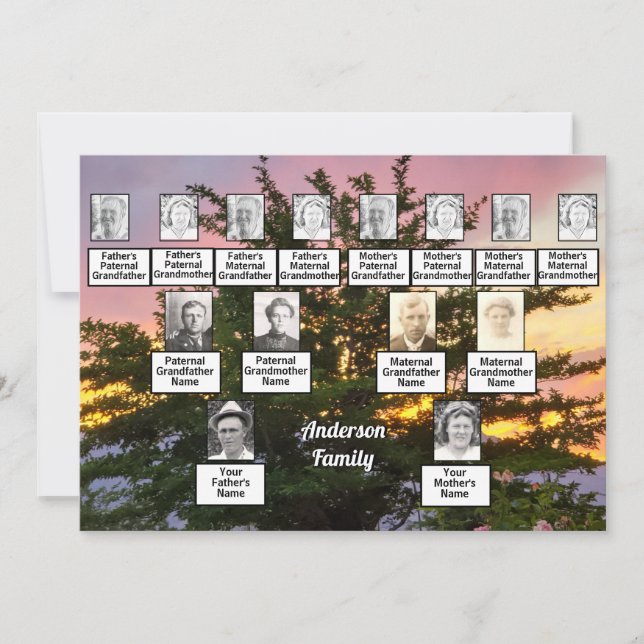 Invitación Árbol fotográfico de tres generaciones con atardec (Anverso)