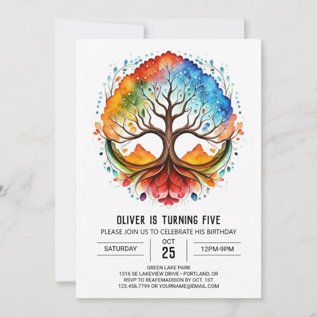 Invitación Árbol imprimible lindo de cumpleaños (Anverso)