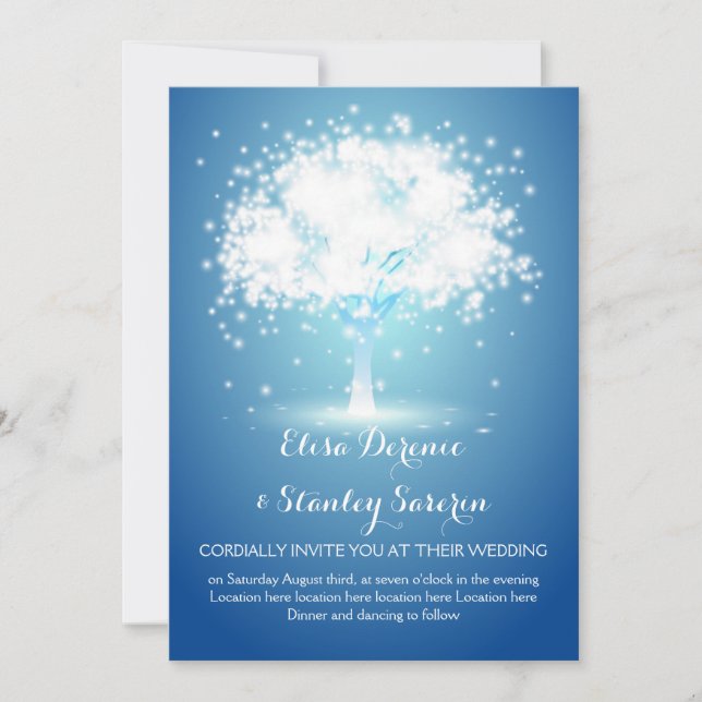 Invitación Árbol mágico, luces brillantes boda azul (Anverso)