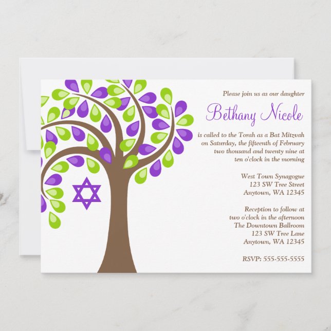 Invitación Árbol moderno de vida Morado Bat Verde Mitzvah (Anverso)