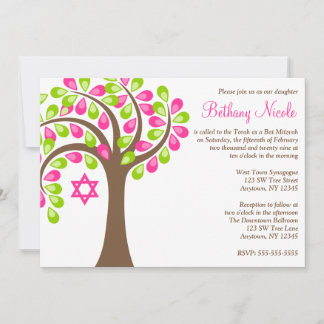 Invitación Árbol moderno de vida murciélago verde rosa Mitzva