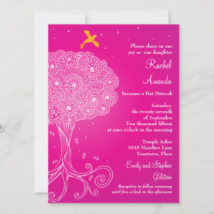 Invitación Árbol ornado de vida murciélago rosa Mitzvah